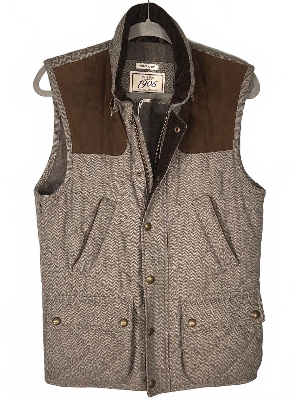 Jos A Bank 1905 Tailored Fit Herringbone Wool Quilted Shooting Vest Brown Small